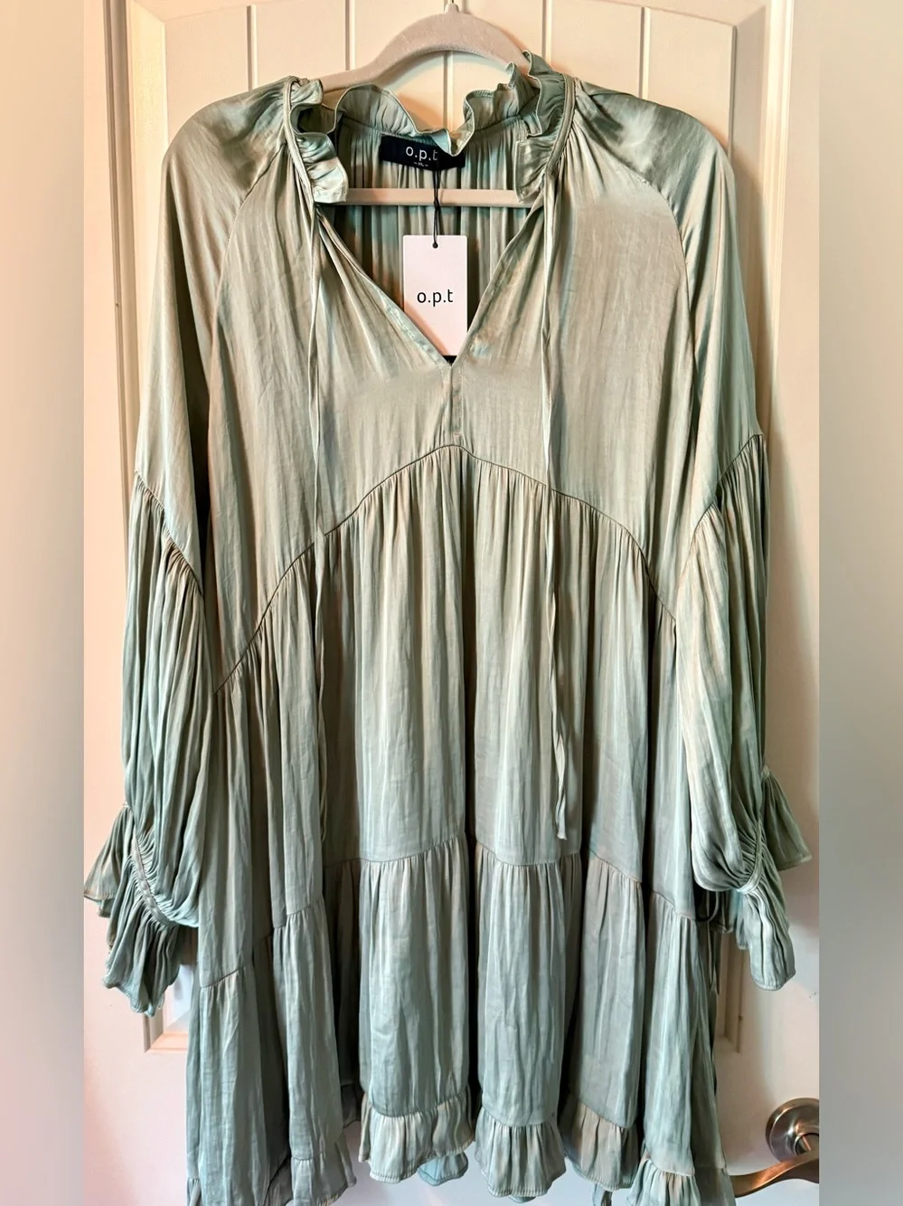 o.p.t by Anthropologie Sage Green Tiered V-Neck Tunic Top Liquid Shine NWT - Picture 1 of 13